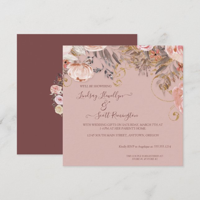 Muted Floral Foliage Rose Gold Boho Couples Shower Invitation (Front/Back)