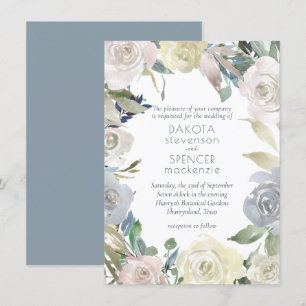Muted Floral Wreath Blue Pink Yellow Wedding Invitation