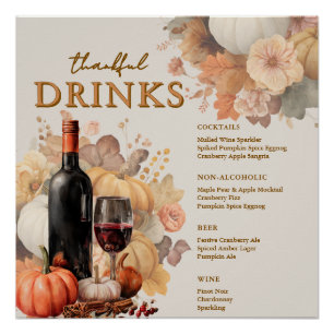 Muted Florals Thanksgiving Square Bar Menu Poster 