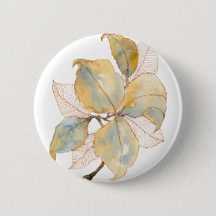 Muted Gold Blue Watercolor Botanical Leaves 6 Cm Round Badge