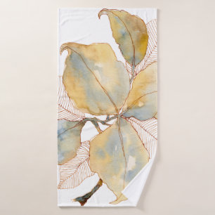Muted Gold Blue Watercolor Botanical Leaves Bath Towel Set