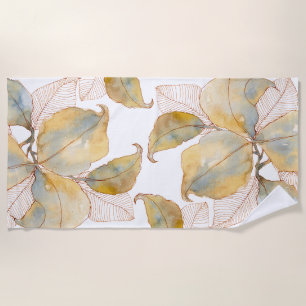 Muted Gold Blue Watercolor Botanical Leaves Beach Towel