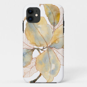 Muted Gold Blue Watercolor Botanical Leaves iPhone 11 Case