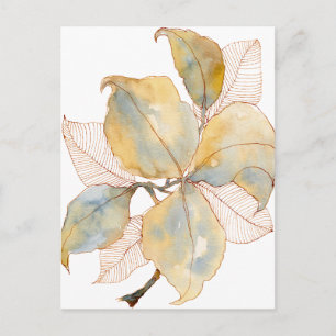 Muted Gold Blue Watercolor Botanical Leaves Postcard