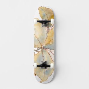 Muted Gold Blue Watercolor Botanical Leaves Skateboard