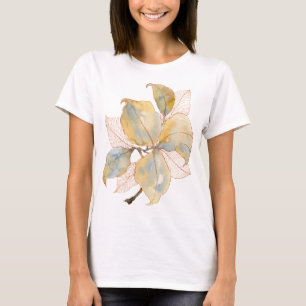 Muted Gold Blue Watercolor Botanical Leaves T-Shirt