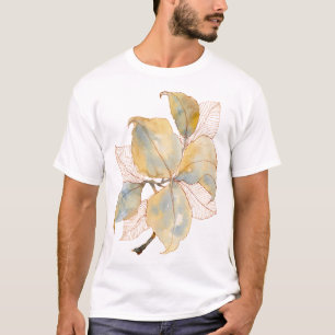 Muted Gold Blue Watercolor Botanical Leaves T-Shirt