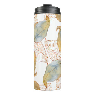 Muted Gold Blue Watercolor Botanical Leaves Thermal Tumbler
