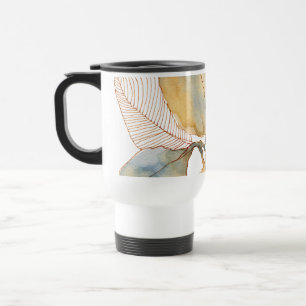 Muted Gold Blue Watercolor Botanical Leaves Travel Mug
