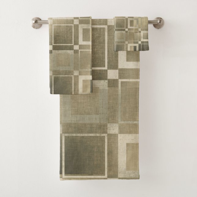 Muted Gold Squares Modern Geometric Glam Bath Towel Set (Insitu)