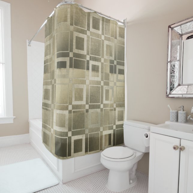 Muted Gold Squares Modern Geometric Glam Shower Curtain (In Situ)