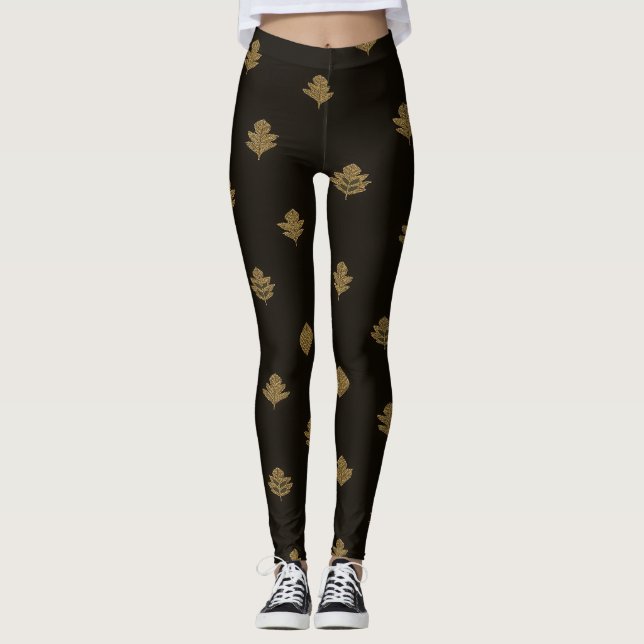 Muted Golden Leaves Black  Leggings (Front)