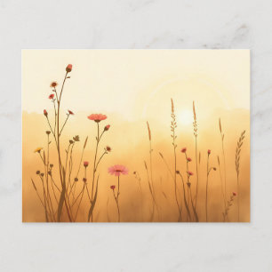 Muted Golden Sunrise with Watercolor Wildflowers  Postcard