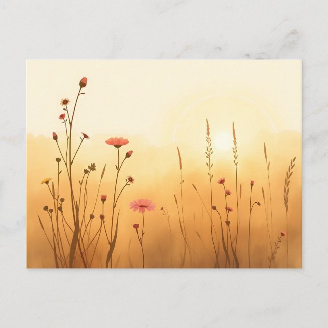 Muted Golden Sunrise with Watercolor Wildflowers  Postcard (Front)