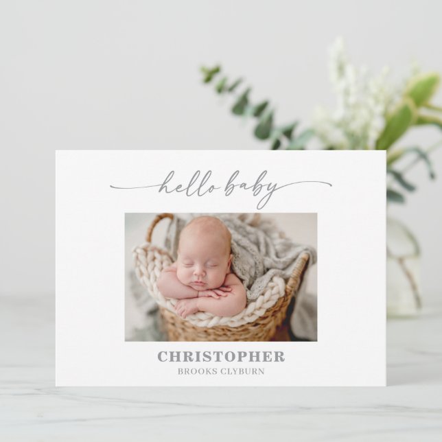 Muted Gray Hello Baby Photo Announcement Card (Standing Front)
