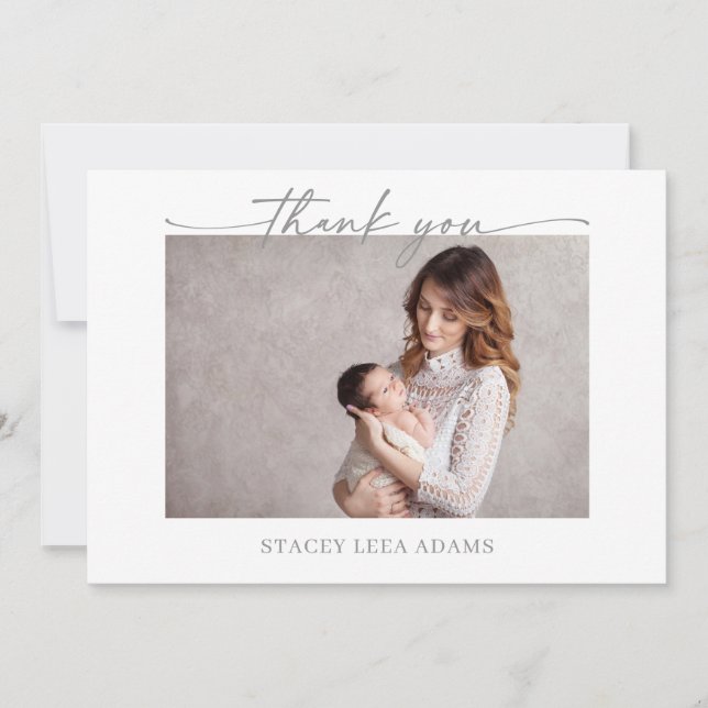 Muted Gray Minimalist Baby Photo Thank You Card (Front)