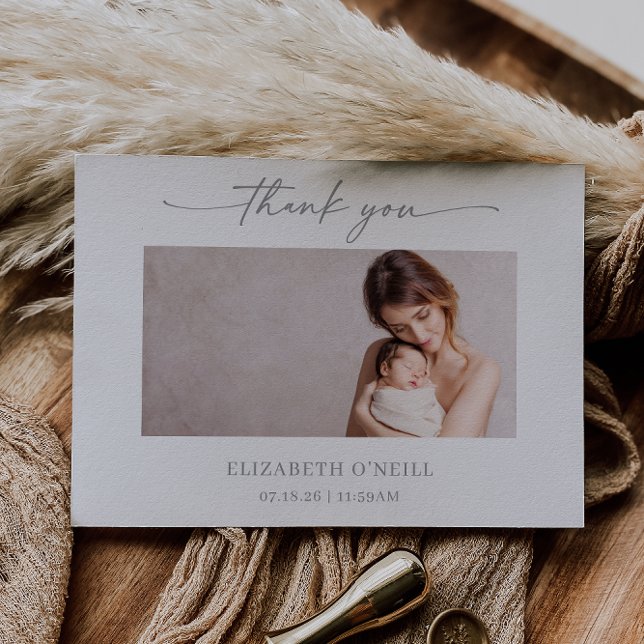 Muted Gray Minimalist Baby Photo Thank you Card (Creator Uploaded)