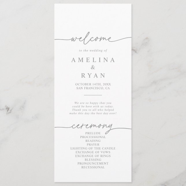 Muted Gray Simple Minimalist Wedding Program Programme (Front)