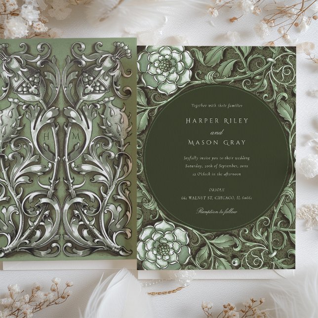 Muted Green Art Nouveau Floral Wedding Invitation (Creator Uploaded)
