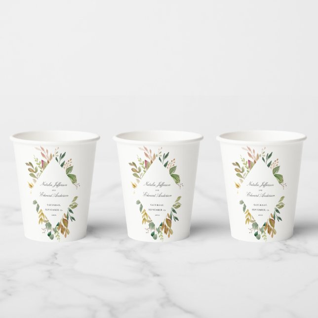 Muted green, brown and gold foliage wedding paper cups (Multi)