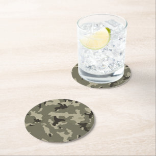 Muted Green Camouflage Rustic Bar Table Round Paper Coaster
