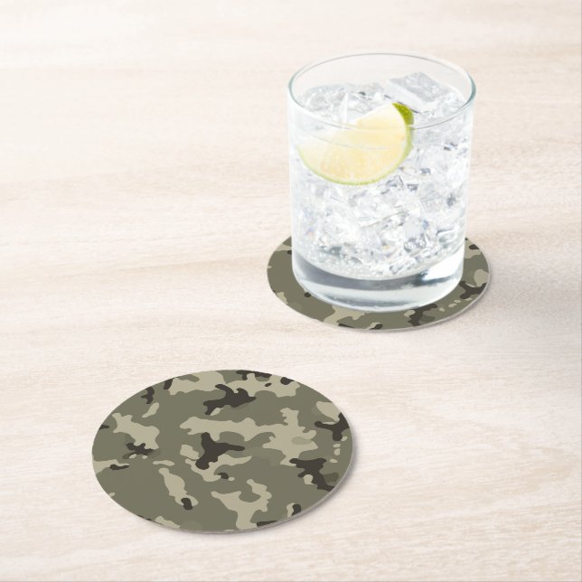 Muted Green Camouflage Rustic Bar Table  Round Paper Coaster (Insitu)
