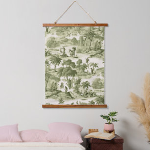 Muted Green Cottage Toile Countryside Scenic Hanging Tapestry