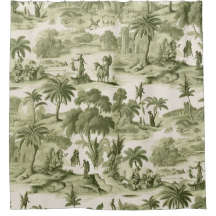 Muted Green Cottage Toile Countryside Scenic Shower Curtain