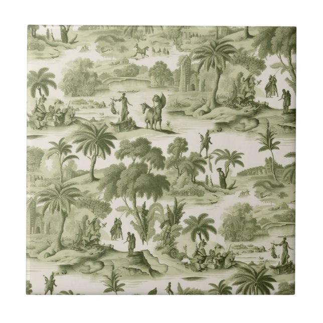 Muted Green Cottage Toile Countryside Scenic Tile (Front)