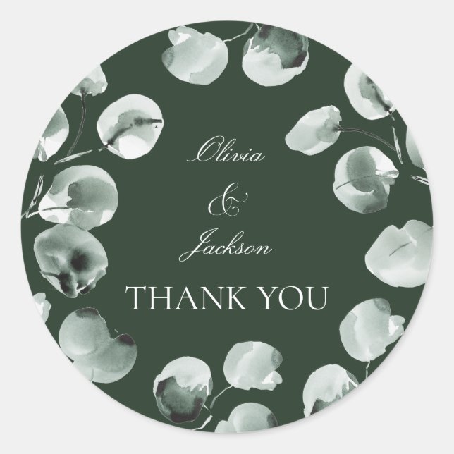 Muted Green Eucalyptus Scripted Modern Thank you Classic Round Sticker (Front)