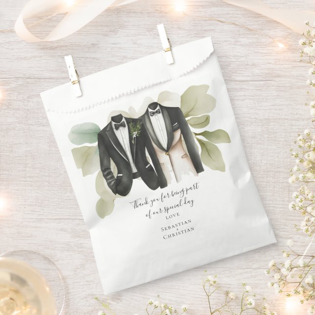 Muted Green Foliage Personalised Wedding Favour Bags (Clipped)