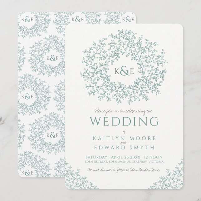 Muted green hand drawn leaf monogram art wedding invitation (Front/Back)