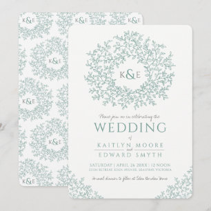 Muted green hand drawn leaf monogram art wedding invitation