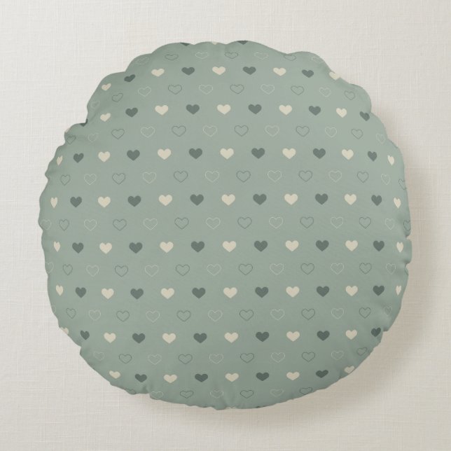 Muted Green Heart Grid Seamless Pattern Round Cushion (Front)