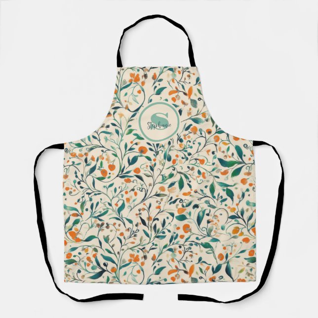 Muted Green Orange Vine Botanical Spring Apron (Front)