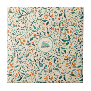 Muted Green Orange Vine Botanical Spring Tile