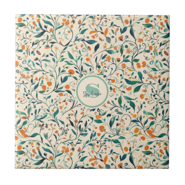 Muted Green Orange Vine Botanical Spring Tile (Front)