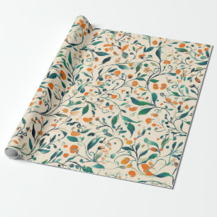 Muted Green Orange Vine Botanical Spring Wrapping Paper
