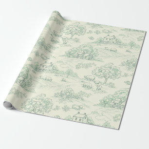 Muted Green Pastoral Farm Animal Toile Print Wrapping Paper