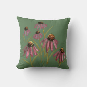 Muted Green & Pink Floral - Echinacea Art Cushion