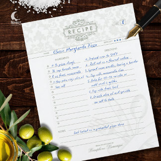 Muted Green Vintage Damask Recipe Binder Insert  Custom Letterhead