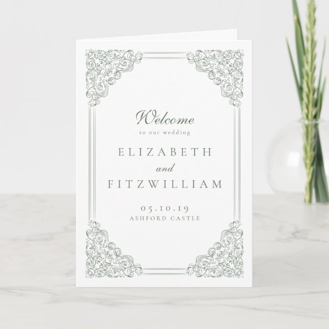 Muted Green Vintage Frame Elegant Script Wedding  Programme (Front)