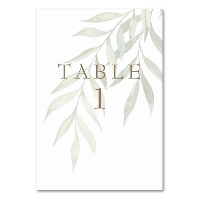Muted Greenery Modern Gold Text Table Number (Front)