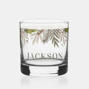 Muted Greenery with Name Whiskey Glass