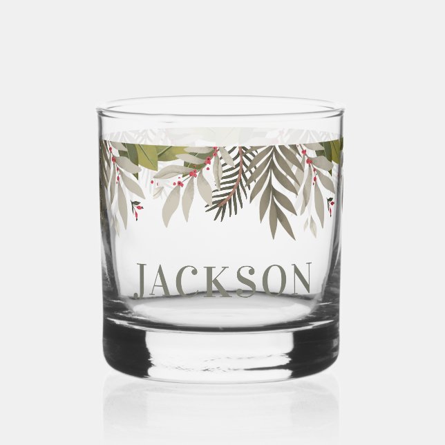 Muted Greenery with Name Whiskey Glass (Front)
