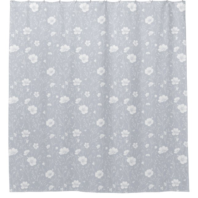 Muted Grey And White Wildflower Pattern Shower Curtain (Front)