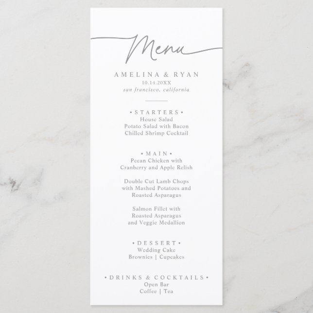 Muted Grey Simple Minimalist Dinner Menu (Front)