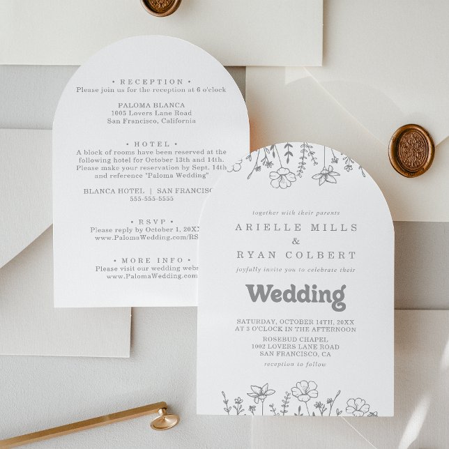 Muted Grey Wildflower Front & Back Wedding  Invitation (Creator Uploaded)