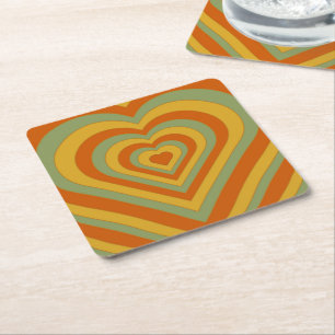 Muted Groovy Retro Layered Love Heart Square  Square Paper Coaster