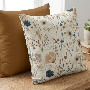 Muted Indigo and Amber Autumn Wildflower Floral Cushion